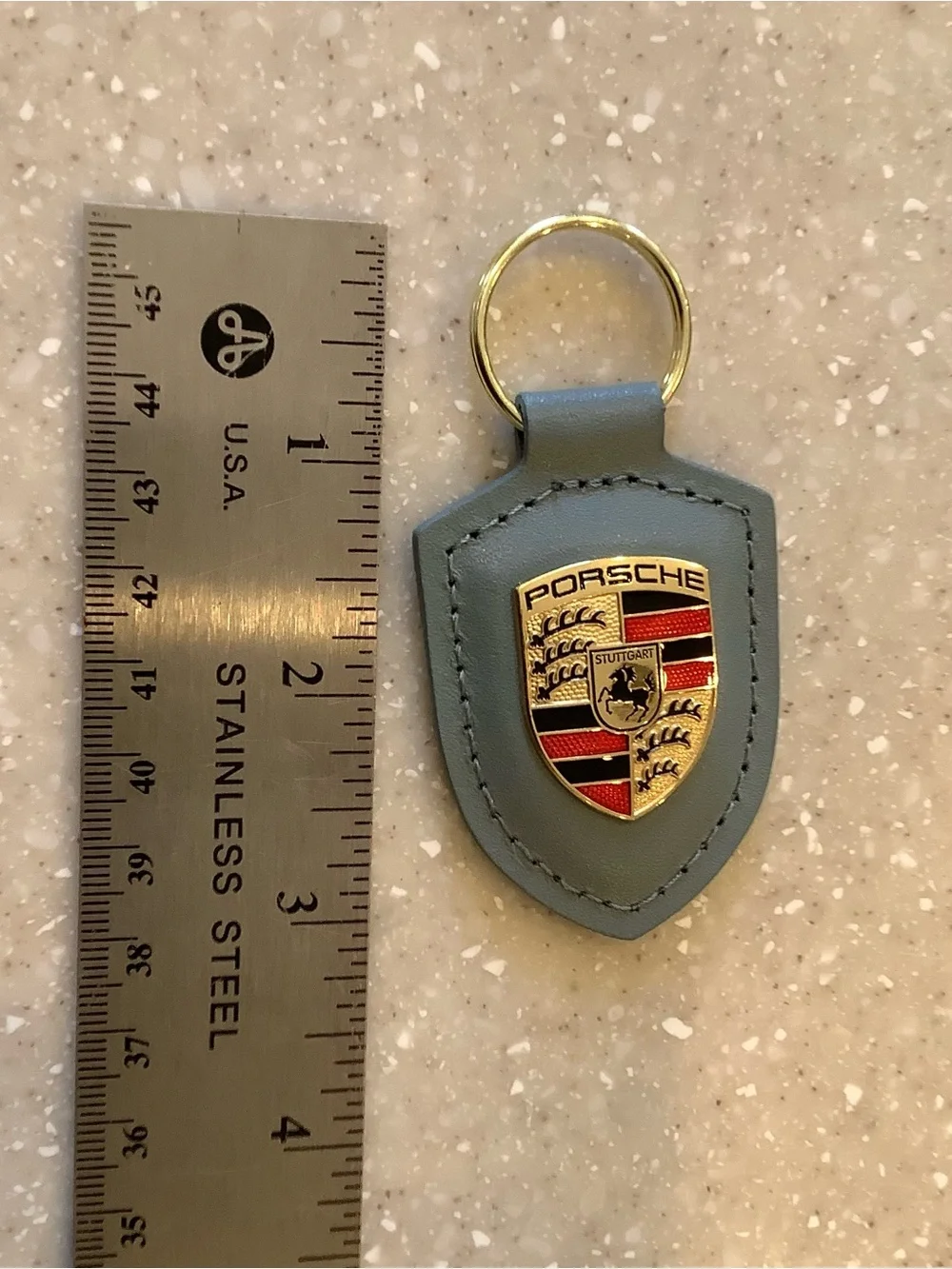 Porsche Design Green (looks blueish) Leather Shield Keyring with Crest Keychain